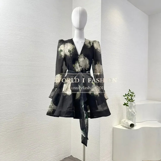 Romantic Style Women Dress Australia Luxury Design Black Hydrangea Butterfly Sleeve Mini Dresses for Summer Vacation