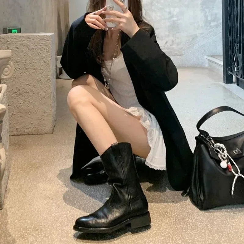 New Fashion Boots for Women Spring/Autumn Square Heel Female Mid-Calf Boots Ladies Slip-On Pointed Toe WESTERN Boots Women