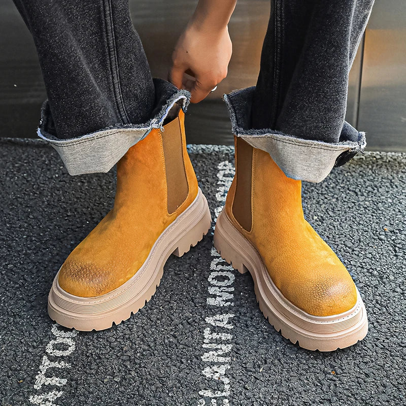large size men casual party nightclub high chelsea boots slip-on cow suede leather shoes cowboy platform boot autumn winter bota