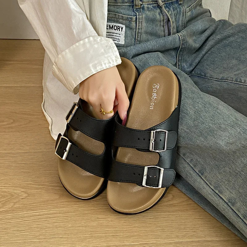 Women's Belted Sandals Roman Style PVC Material Open Toe Metal Decorated Flat Heels Spring Summer Outdoor Wear Fashionable Versa