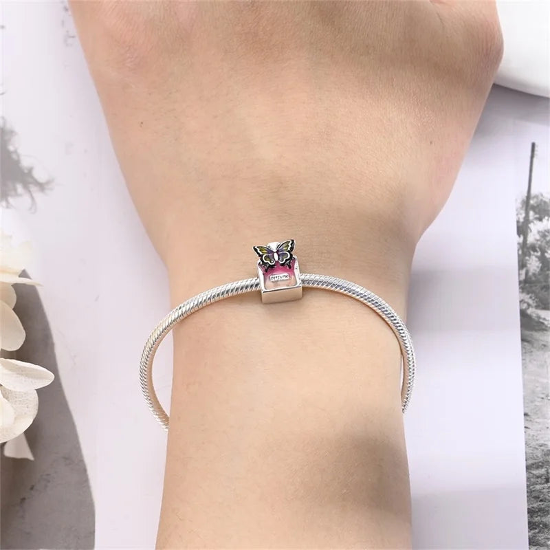 Original S925 Silver Romantic Pink Crown Perfume Bottle Charms Beads Fit Qikaola Bracelets Fine DIY Jewelry Valentine's Day Gift