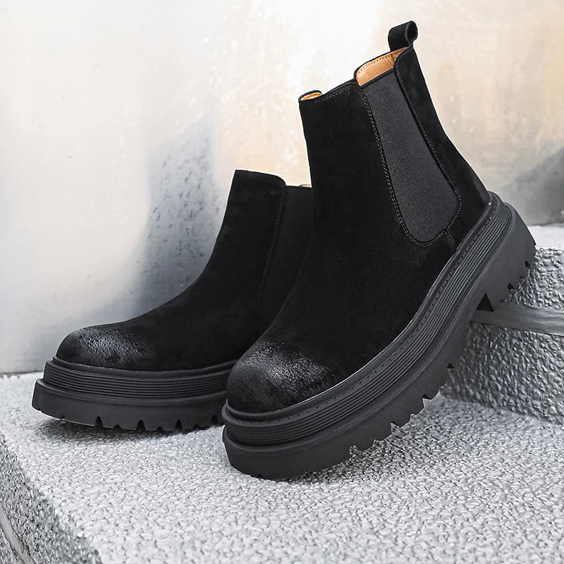 large size men casual party nightclub high chelsea boots slip-on cow suede leather shoes cowboy platform boot autumn winter bota