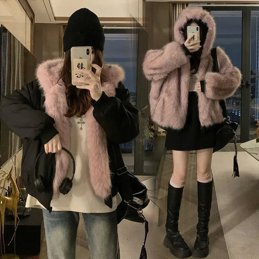 Double-Sided Warm Fur Coat Women Autumn Winter Loose Thicken Plush Cotton Coat 2025 New Women Hooded Imitation Mink Fur Outwear