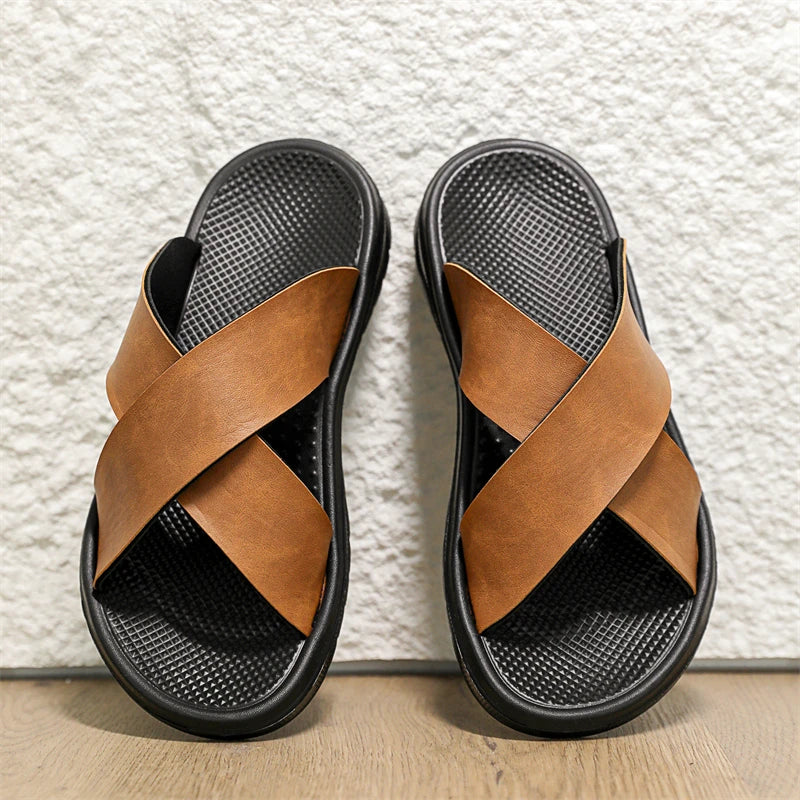 YRZL Men Casual Sandals Lightweight Comfortable PU Leather Summer Slippers Non Slip Outdoor Shoes for Beach Walking Flip Flops