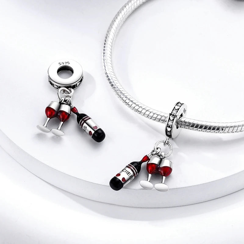 Original 925 Sterling Silver Red Charm Beads Red Wine Chili Dumbbell Pendant For Women Fit DIY Bracelet Birthday Jewelry Gift