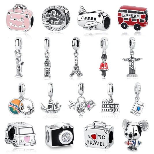 Original 925 Sterling Silver Charms Camera Suitcase London Bus Love Heart Beads Fit Bracelets Necklaces DIY Jewelry Women