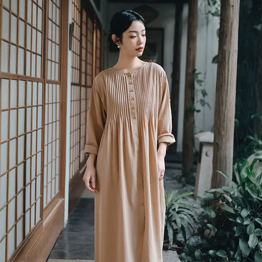 Johnature Women Spring Shirtdresses O-Neck Long Sleeve Cloths 2025 New Solid Color Vintage Single Breasted A-Line Dress