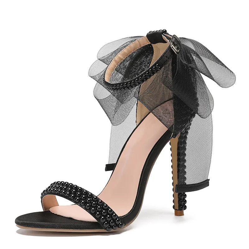 Summer New brand Fashion Bowknot Beading Women Gladiator Sandals Luxury Pearls White thin High heels Wedding Bridal Party Shoes