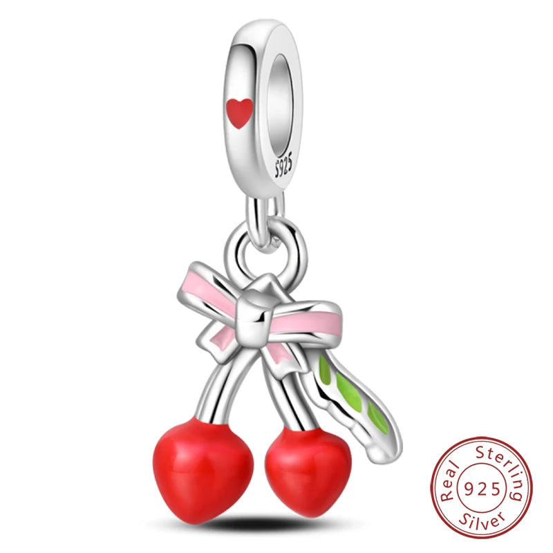 Original 925 Sterling Silver Red Charm Beads Red Wine Chili Dumbbell Pendant For Women Fit DIY Bracelet Birthday Jewelry Gift