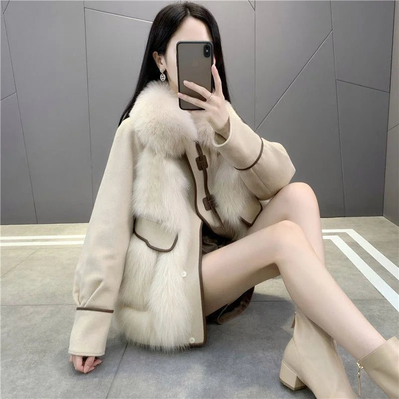 2023 New Autumn Winter with Fur Neighboring Fox Fur Grass Women's Coat Fashion Popular Down Cotton Coat Parker Coat Suede Trend