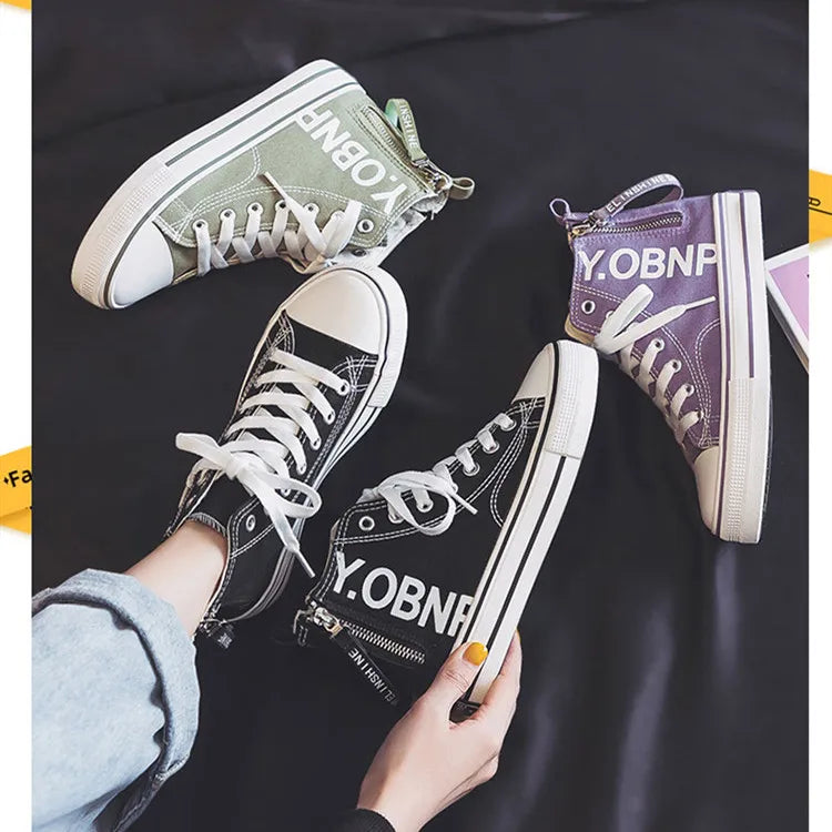 Fashion Purple Womens Canvas Shoes Spring and Autumn High Top Woman Shoes Zipper Breathable Canvas Sneakers Women Vulcanize Shoe