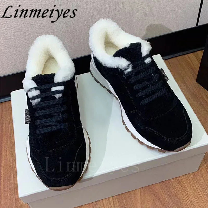 Casual Fur Sneakers Women Outdoors Run Shoes Round Toe Lace Up String Bead Flat Shoes Female Winter Wool Warm Sports Shoes Woman