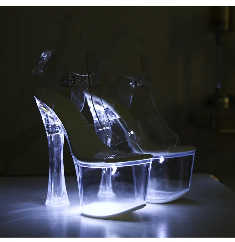 17.5CM Extreme High Heels Glowing Platform Clear Heels Nightclub Sandals For Women Transparent PVC Fashion Model Catwalk Shoes