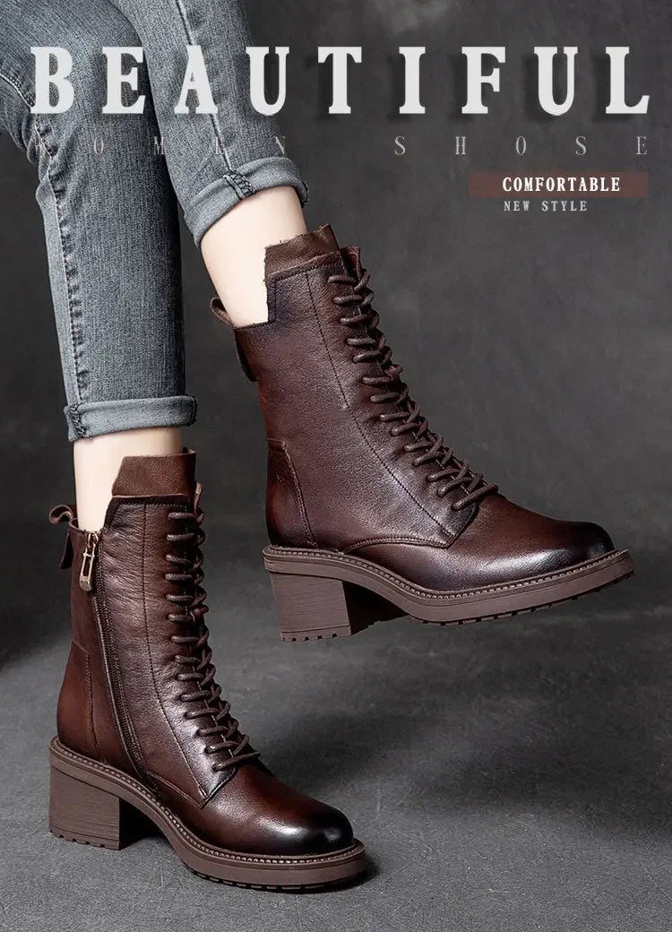 Careaymade 2025 Cow Leather Quality Women Shoes Autumn Winter Square Med Heel Ankle Boots Lace Up Zipper Ladies Pumps Size 35-40