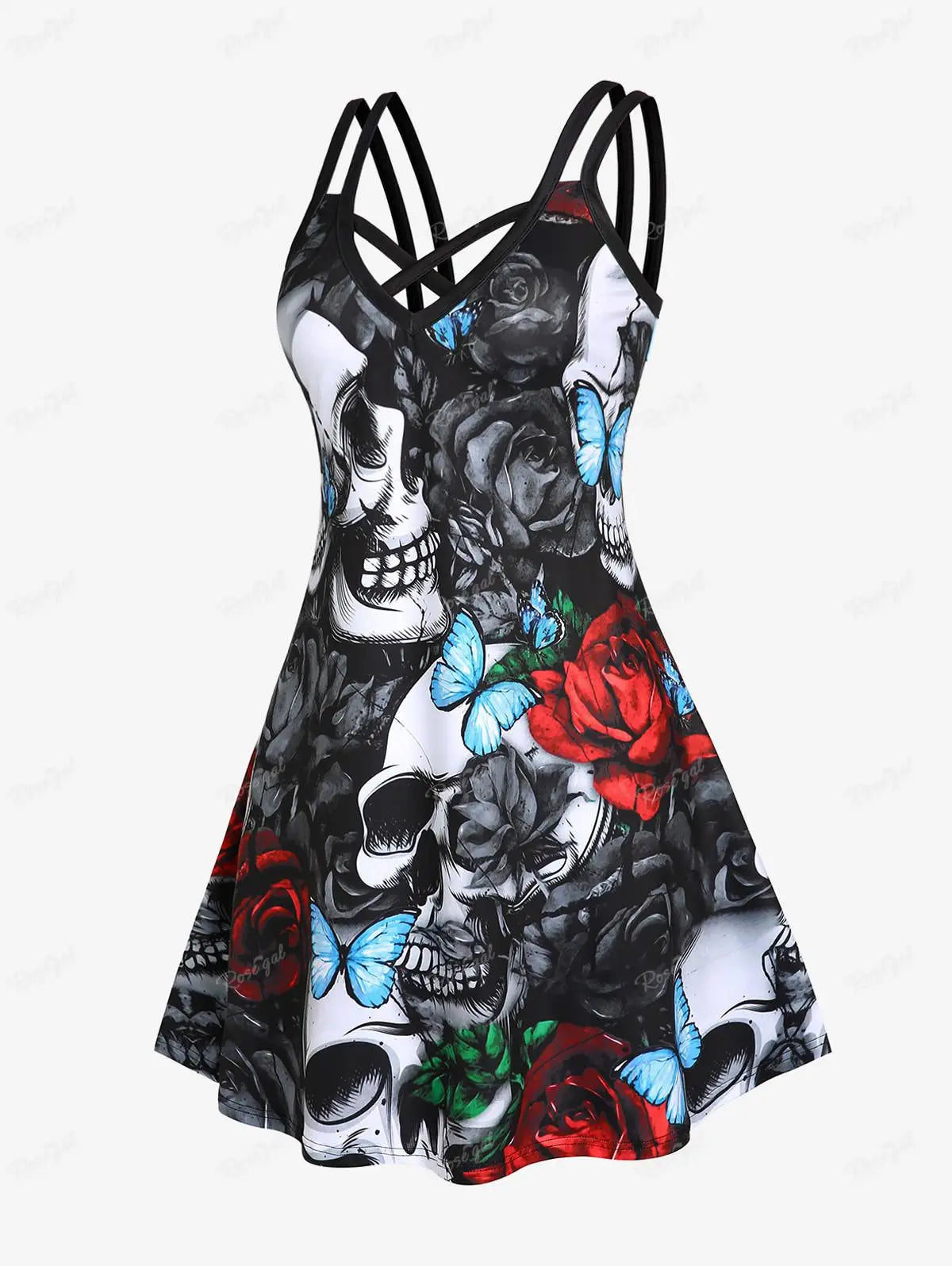 ROSEGAL Halloween 3D Printed Dresses Plus Size Crisscross Skull Print Dress Summer Casual Sleeveless Vestidos 5XL