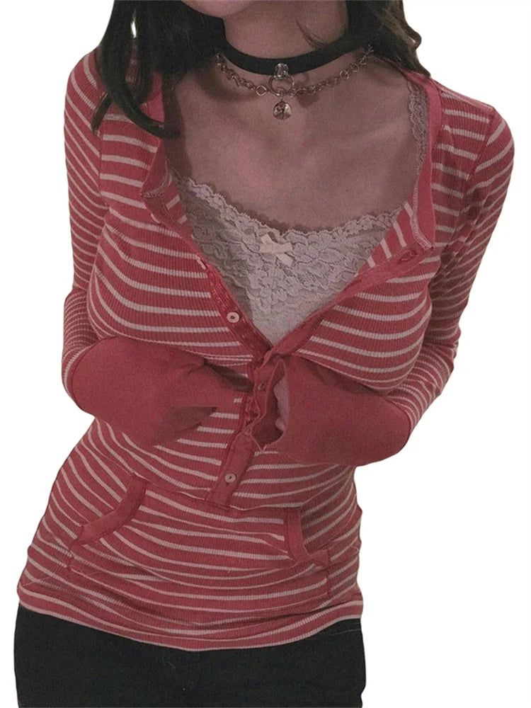 Women Autumn Tops Long Sleeve Button Neck Stripe Knit Shirts Y2K Aesthetic T-shirt 2000s Casual Gothic Grunge Tops