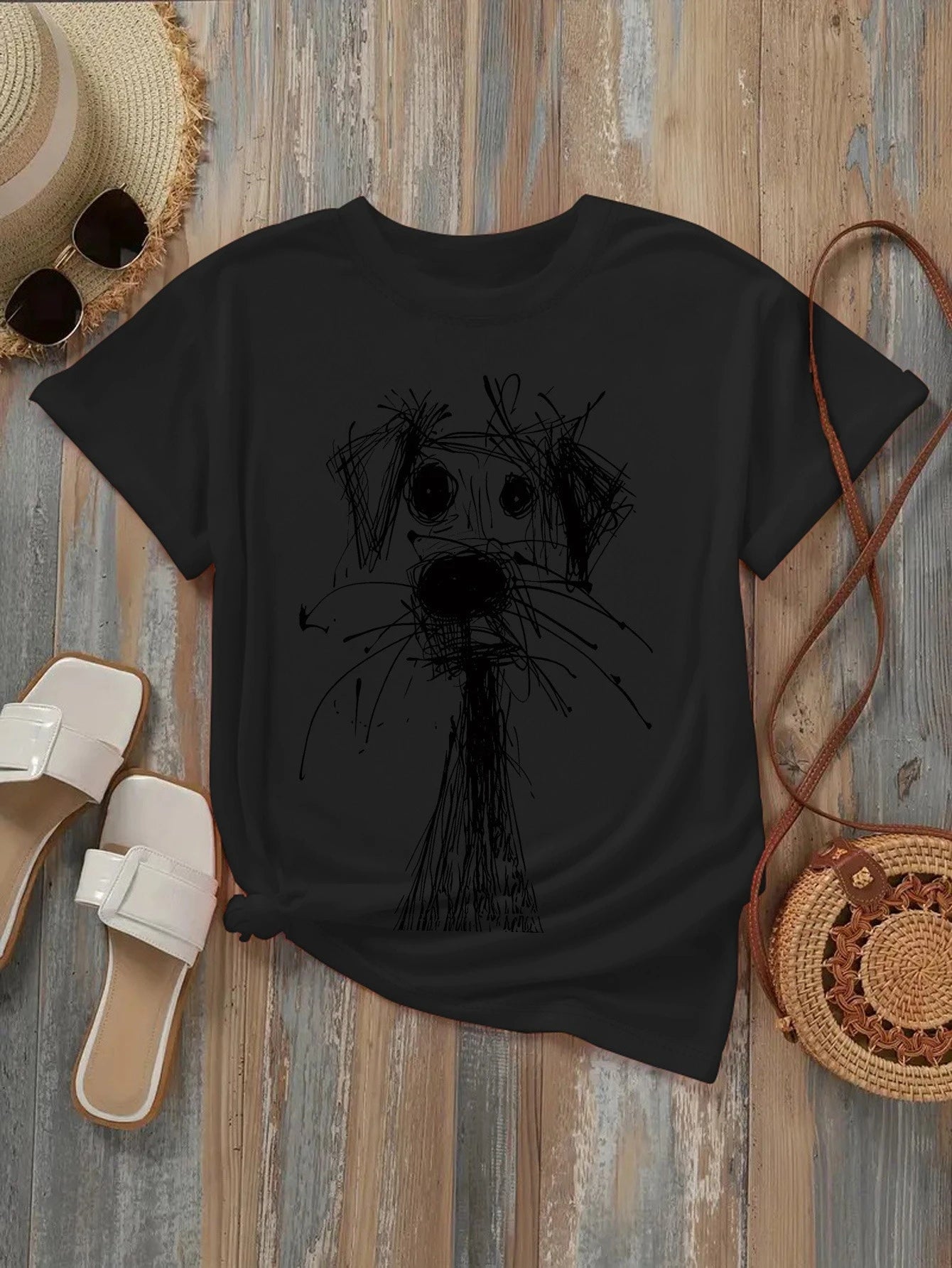 Women's Fashion Printed T-Shirt with Fun Dog Sketch Design Soft Round Neck Short Sleeve Casual Style for Daily Summer Clothing