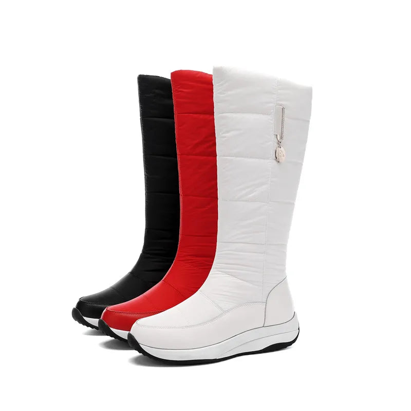 2025  Women Snow Boots Waterproof Down Plush Genuine Leather Red White Casual Travel Ladies Flat Heels Platform Knee High Boots