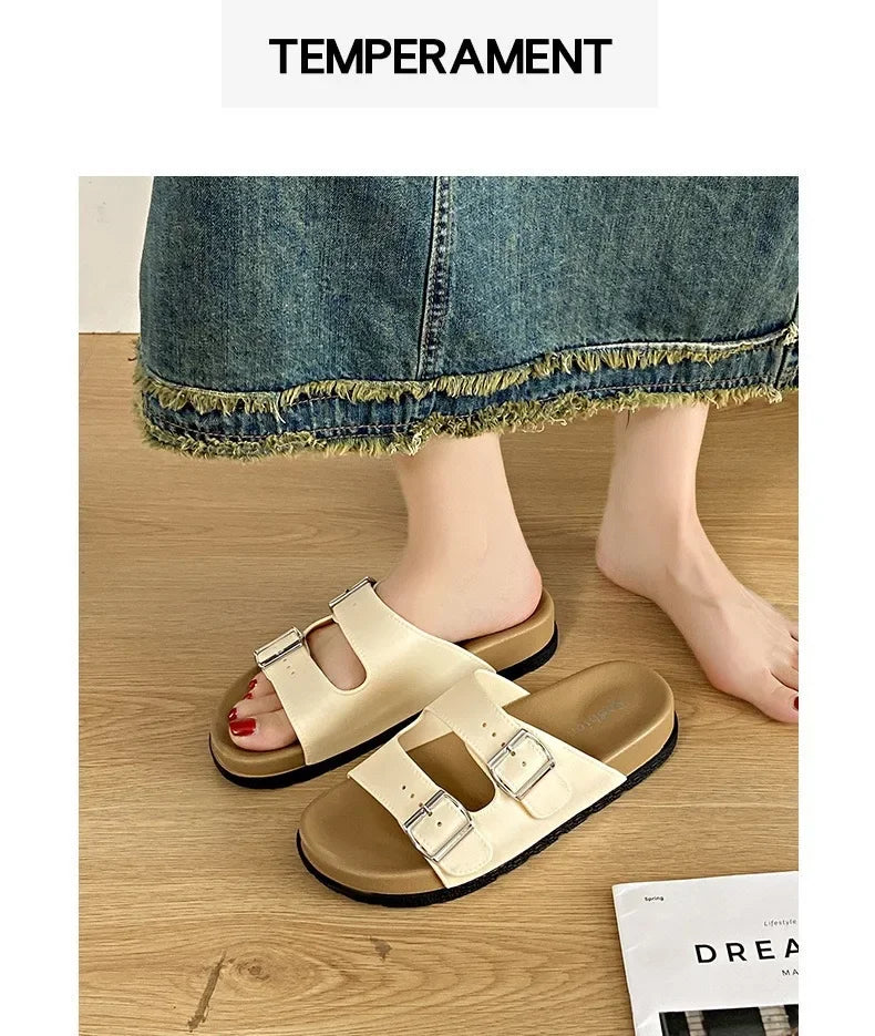 Women's Belted Sandals Roman Style PVC Material Open Toe Metal Decorated Flat Heels Spring Summer Outdoor Wear Fashionable Versa