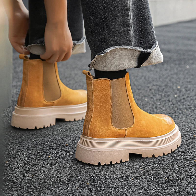 large size men casual party nightclub high chelsea boots slip-on cow suede leather shoes cowboy platform boot autumn winter bota