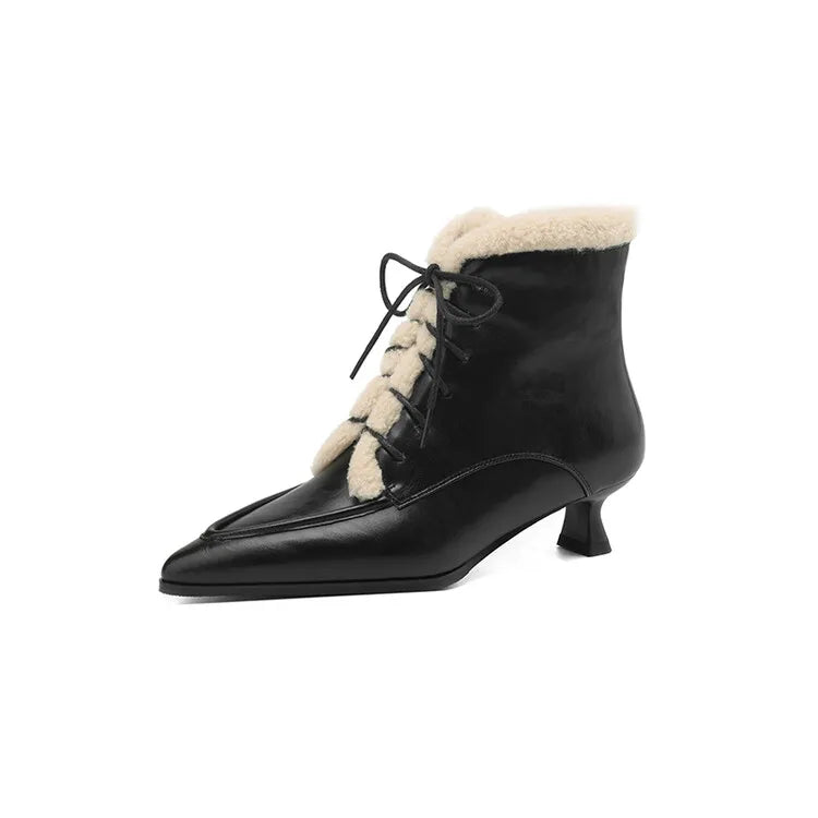 NEW Winter Women Shoes Split Leather Shoes for Women Pointed Toe Kitten Heel Shoes Elegant Modern Boots Wool Blend Ankle Boots