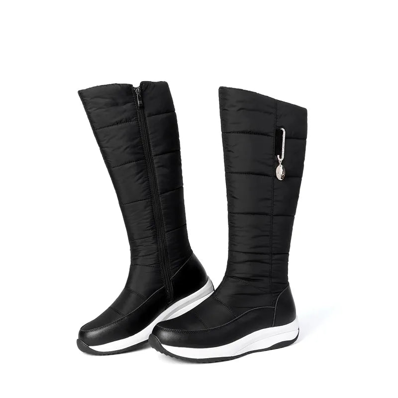 2025  Women Snow Boots Waterproof Down Plush Genuine Leather Red White Casual Travel Ladies Flat Heels Platform Knee High Boots