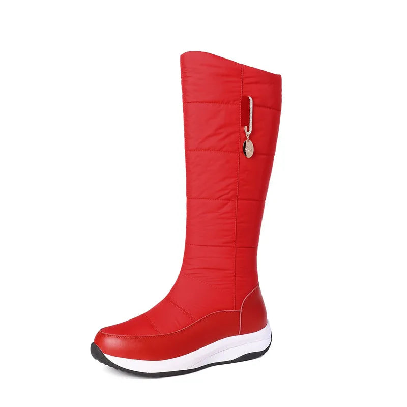 2025  Women Snow Boots Waterproof Down Plush Genuine Leather Red White Casual Travel Ladies Flat Heels Platform Knee High Boots