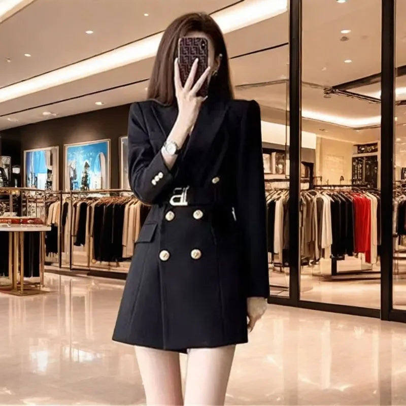 2025 New Spring Autumn Chic Casual Outwear Jacket Outwear Women's Belt Medium Long Double Row Long Sleeve Professional Suit Tops