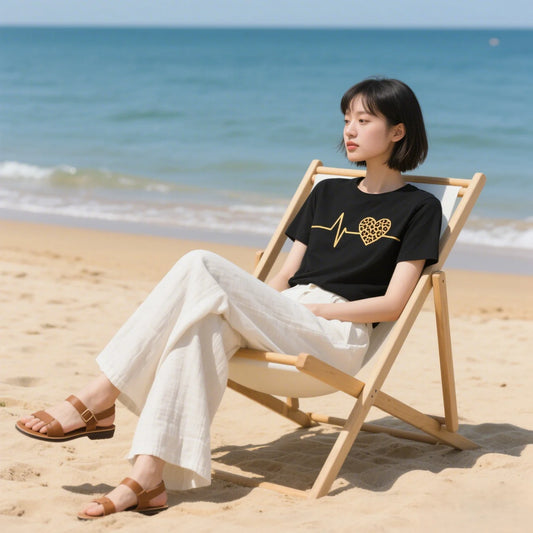 Summer new women's T-shirt with leopard print and heartbeat pattern, short-sleeved
