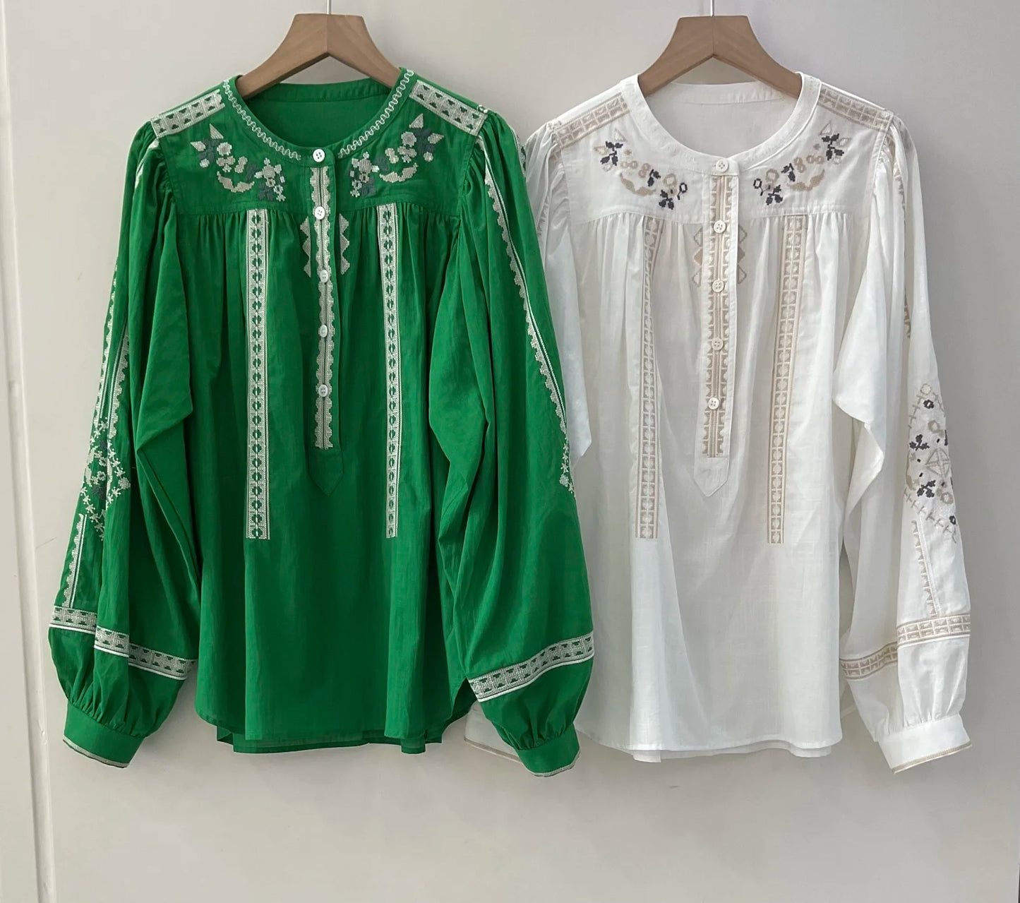 Women White Green Black Shirt Embroidery 100% Cotton Vintage Long Lantern Sleeve Front Buttons Lady O-neck Blouse 2025 Spring