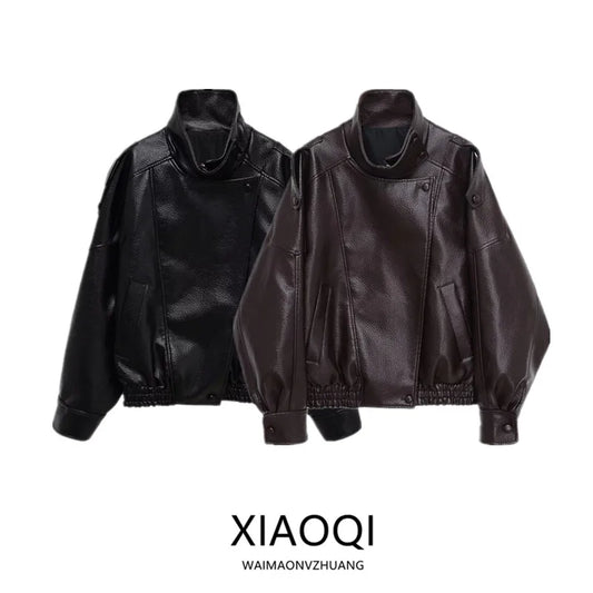Loose Design Women's Leather Jaet Lychee Pattern ort Outerwear Autumn New Sle European Sle Ladies Faion 2025