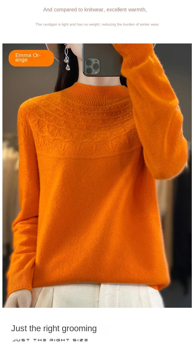 2024 New Line Of Garment Hollowed Out Half Height Women's High-grade Woolen Sweater 100% Pure Wool Multi-color Option WQ