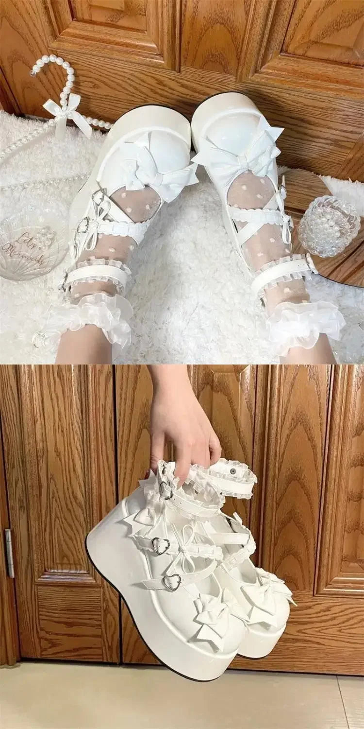 Lace Bowknot White Lolita Shoes for Women 2025 Heart Buckle Platform Mary Janes Woman Japanese Style Patent Leather Jk Shoes
