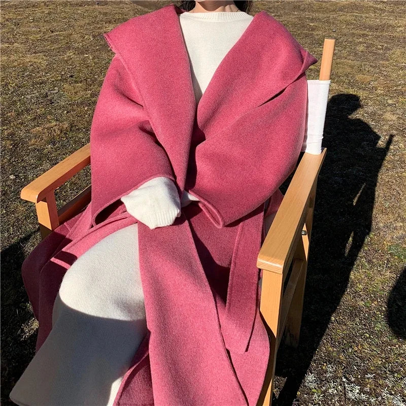 2024 Mid-Length Autumn and Winter Hooded Double Sided Cotton Cashmere Coat Female 100% Wool Loose Thick Woolen Coat