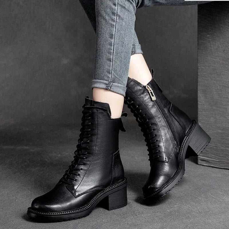 Careaymade 2025 Cow Leather Quality Women Shoes Autumn Winter Square Med Heel Ankle Boots Lace Up Zipper Ladies Pumps Size 35-40