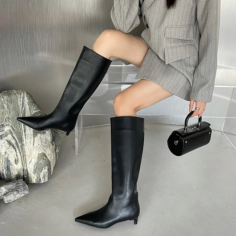 2025 Luxury Knee High Boots Women Wine Red Pointed Toe Kitten Heel Long Boots Wide Tube Bottes Santiags Femme Elegant Shoes
