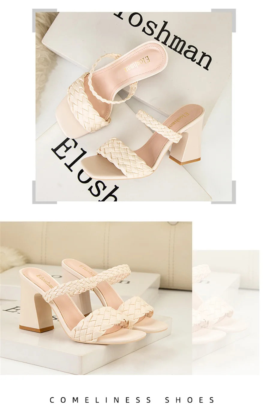 Fashion Weave Thick Heel Women's Slippers Square Toe Summer Casual Ladies Slides Red Orange Shoes Slip On Beach Sexy Pumps Woman