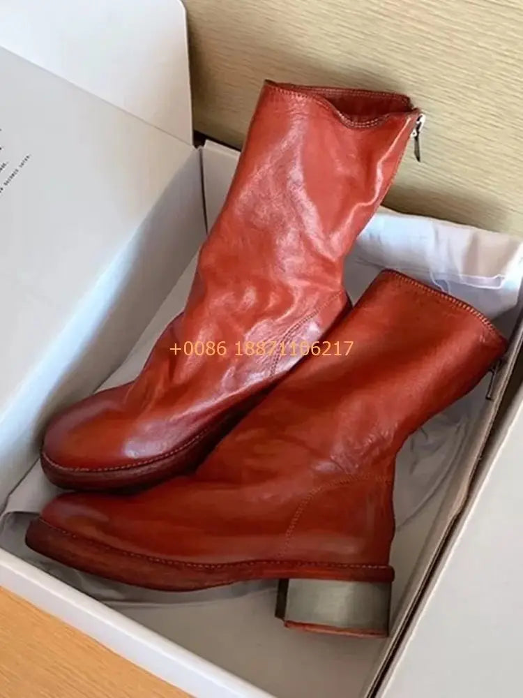 Genuine Leather Sexy Ladies Chelsea Boots 2025 Spring New Round Thick Heel Short Boots Solid Color Fashion Zipper Casual Boots