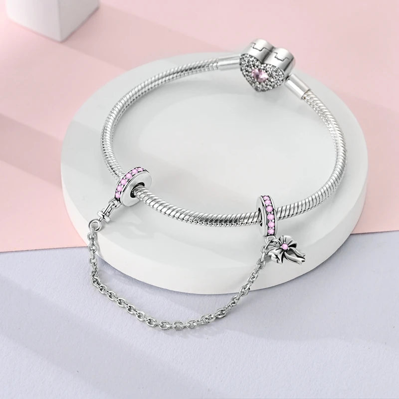 Original 925 Sterling Silver Pink Series Charms Beads Bow Perfume Bottle Heart-Shaped Cross Pendant Fit Bracelet DIY Jewelry