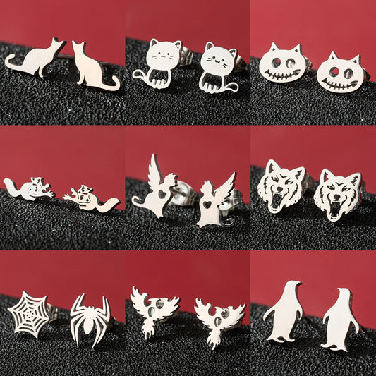 Gothic Halloween Spider Web Asymmetric Earrings For Women Punk Wolf Head Animal Black Color Piercing Ear Surgical Steel Stud