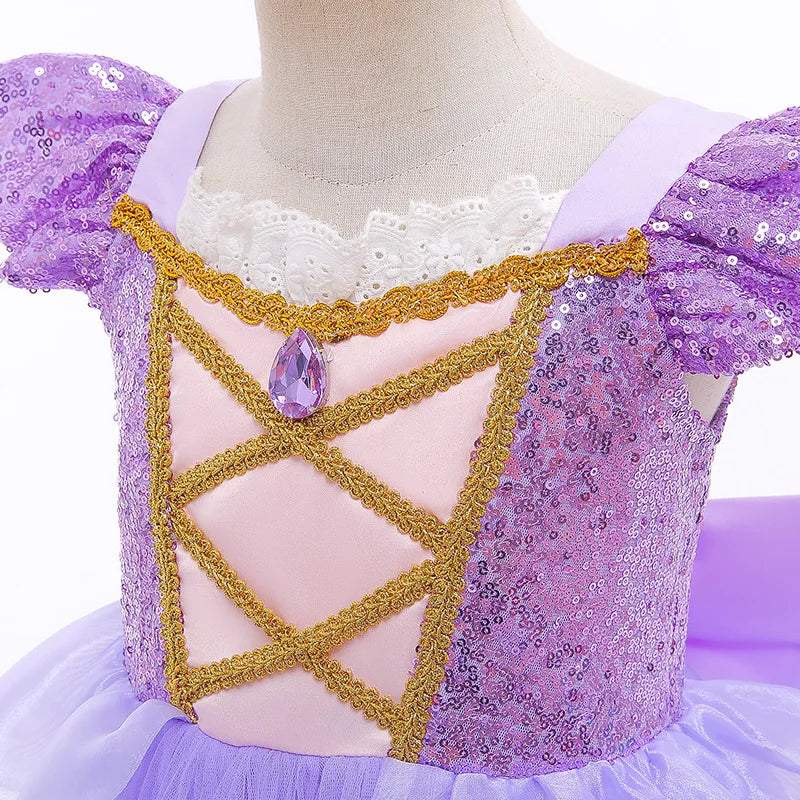 Girls Princess Costume Purple Rapunzel LED Light Up 2PCS Dress Fancy Birthday Carnival Party Elegant Children Clothing Halloween