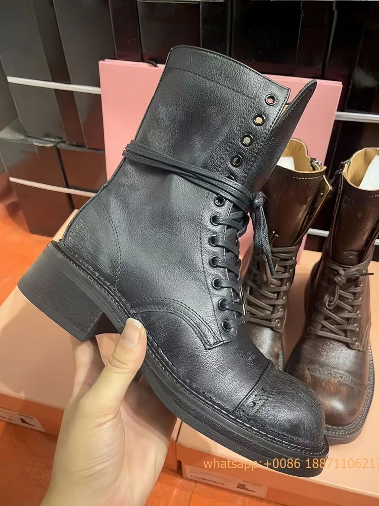 Genuine Leather Ladies Knight Boots 2025 Autumn Belt Buckle Model Catwalk Casual Long Boots Black/brown Thick Heel Casual Boots