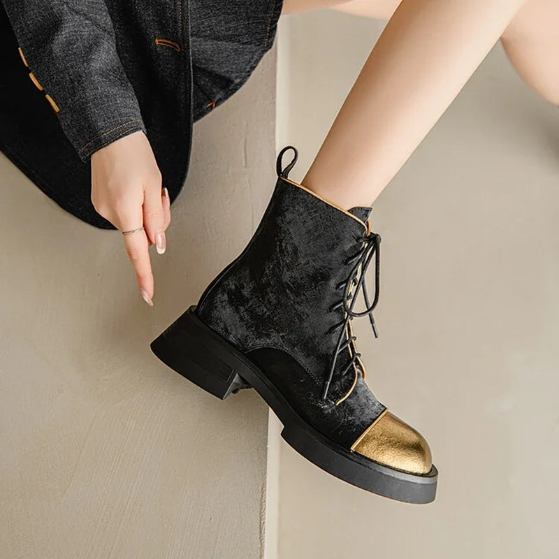 NEW Autumn Women Boots Genuine Leather Shoes for Women Round Toe Chunky Heel Shoes Lace-up Platform Boots Black Ankle Boots