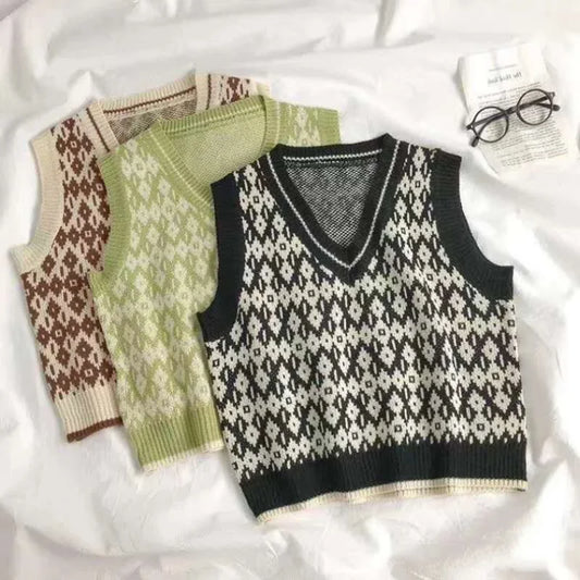 Women Sweater Vest Spring Autumn Fashion Female Casual Loose V-neck Knitted Waistcoat Sleeveless Sweater Pullover Tops Knit Vest