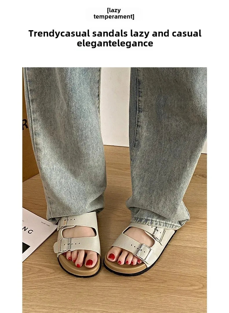 Women's Belted Sandals Roman Style PVC Material Open Toe Metal Decorated Flat Heels Spring Summer Outdoor Wear Fashionable Versa