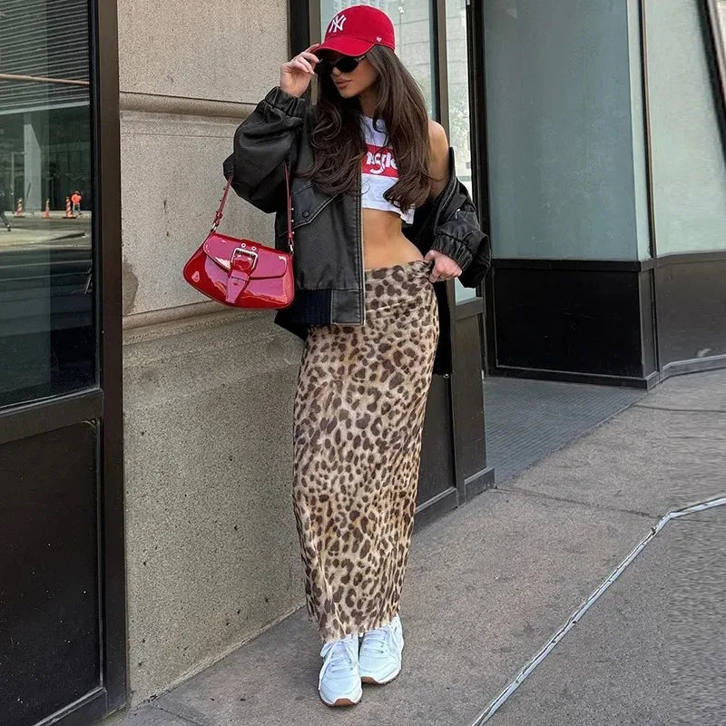 Women's tulle leopard print top shoulder straight neck and leopard print straight skirt summer casual girls two-piece set