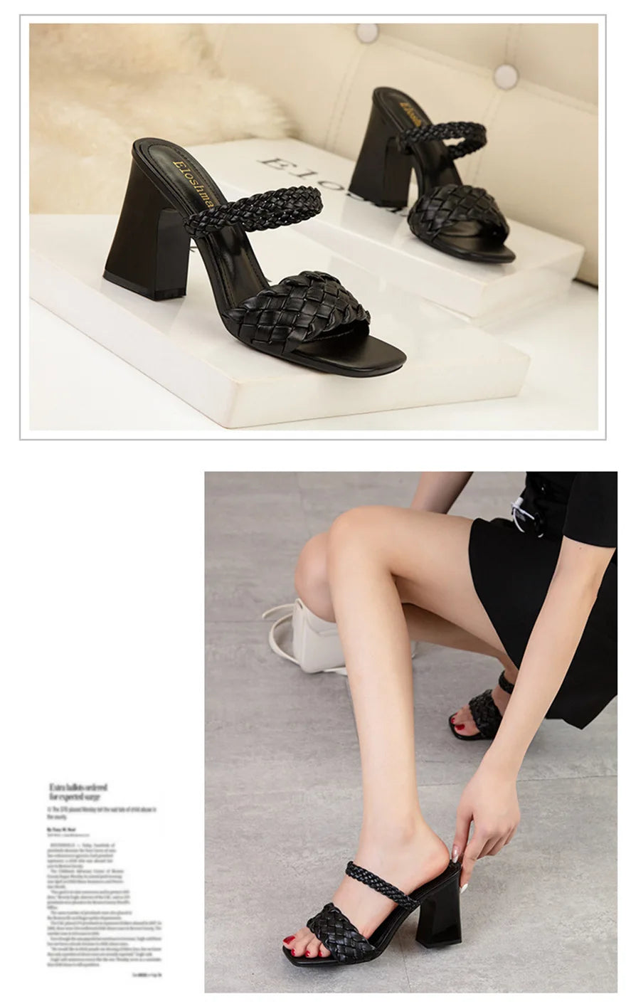 Fashion Weave Thick Heel Women's Slippers Square Toe Summer Casual Ladies Slides Red Orange Shoes Slip On Beach Sexy Pumps Woman