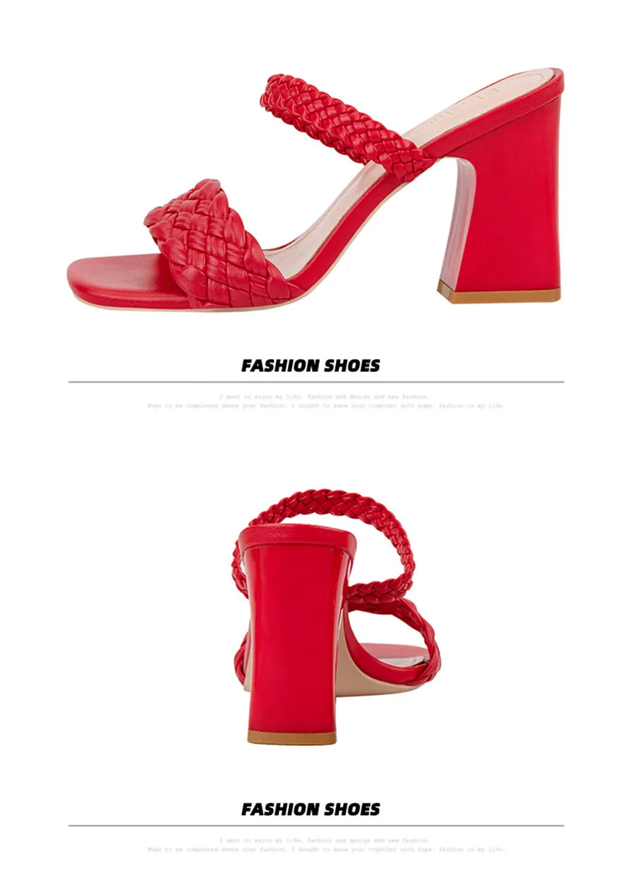 Fashion Weave Thick Heel Women's Slippers Square Toe Summer Casual Ladies Slides Red Orange Shoes Slip On Beach Sexy Pumps Woman