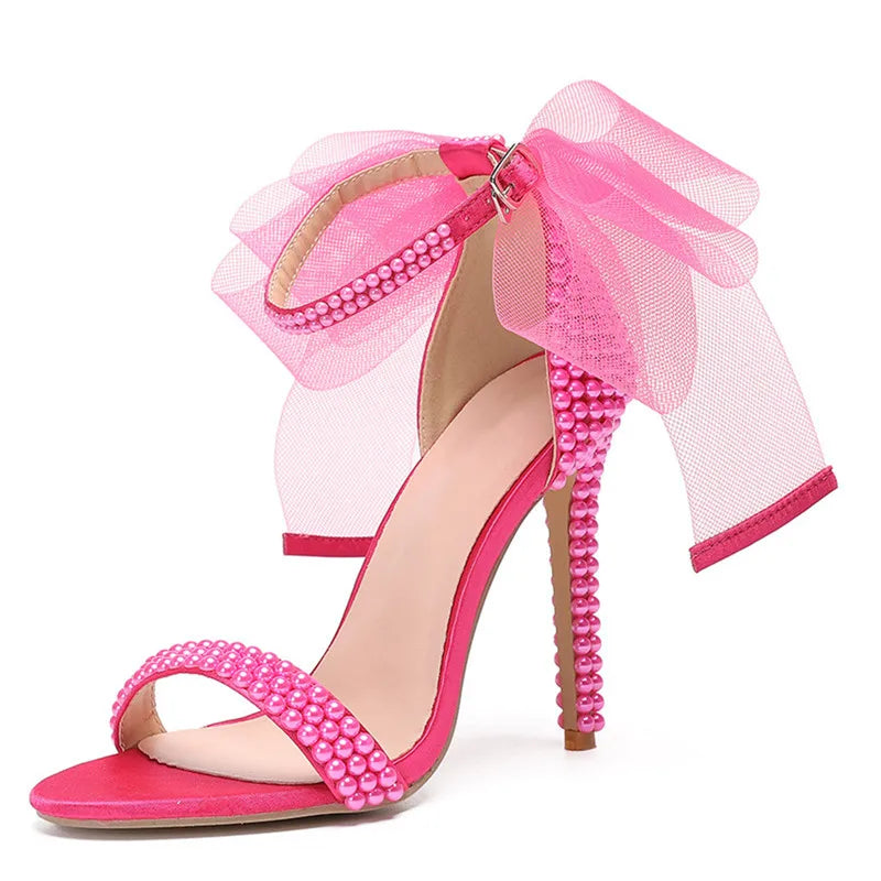 Summer New brand Fashion Bowknot Beading Women Gladiator Sandals Luxury Pearls White thin High heels Wedding Bridal Party Shoes