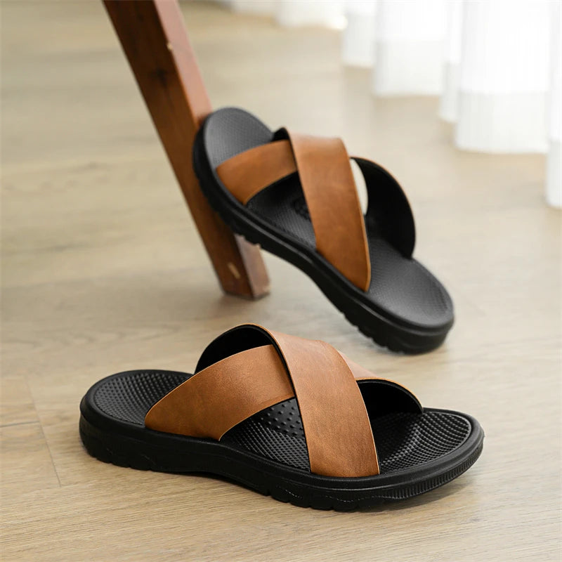 YRZL Men Casual Sandals Lightweight Comfortable PU Leather Summer Slippers Non Slip Outdoor Shoes for Beach Walking Flip Flops